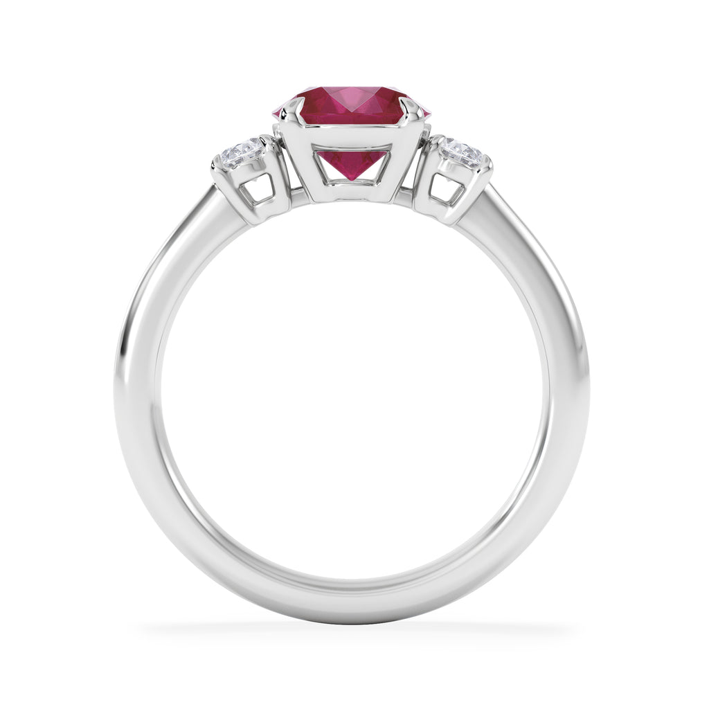 Solene 2.00ct Oval Cut Lab Ruby and Lab Diamond 3 Stone Engagement Ring in 18K White Gold