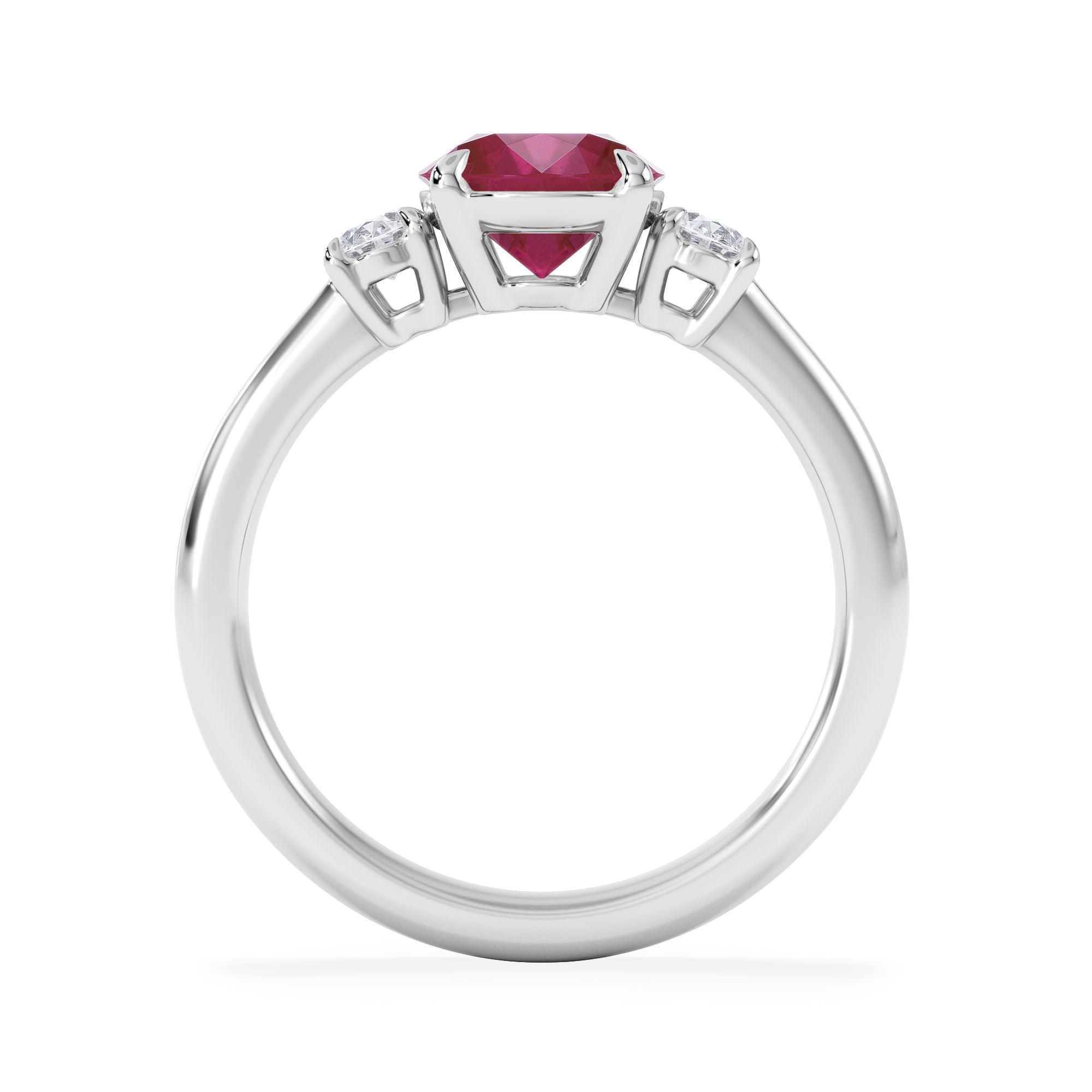 Solene 2.00ct Oval Cut Lab Ruby and Lab Diamond 3 Stone Engagement Ring in 18K White Gold