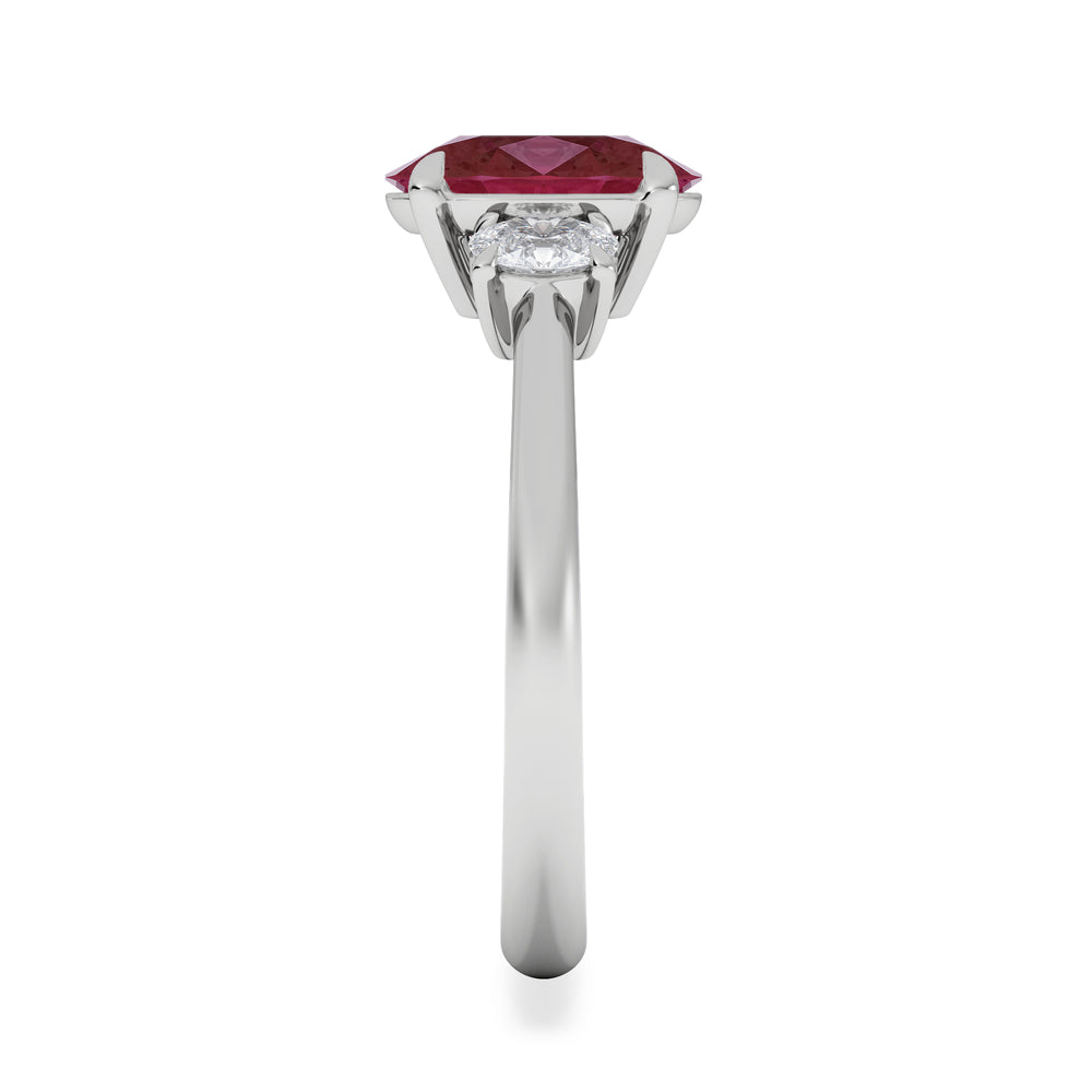 Solene 2.00ct Oval Cut Lab Ruby and Lab Diamond 3 Stone Engagement Ring in 18K White Gold