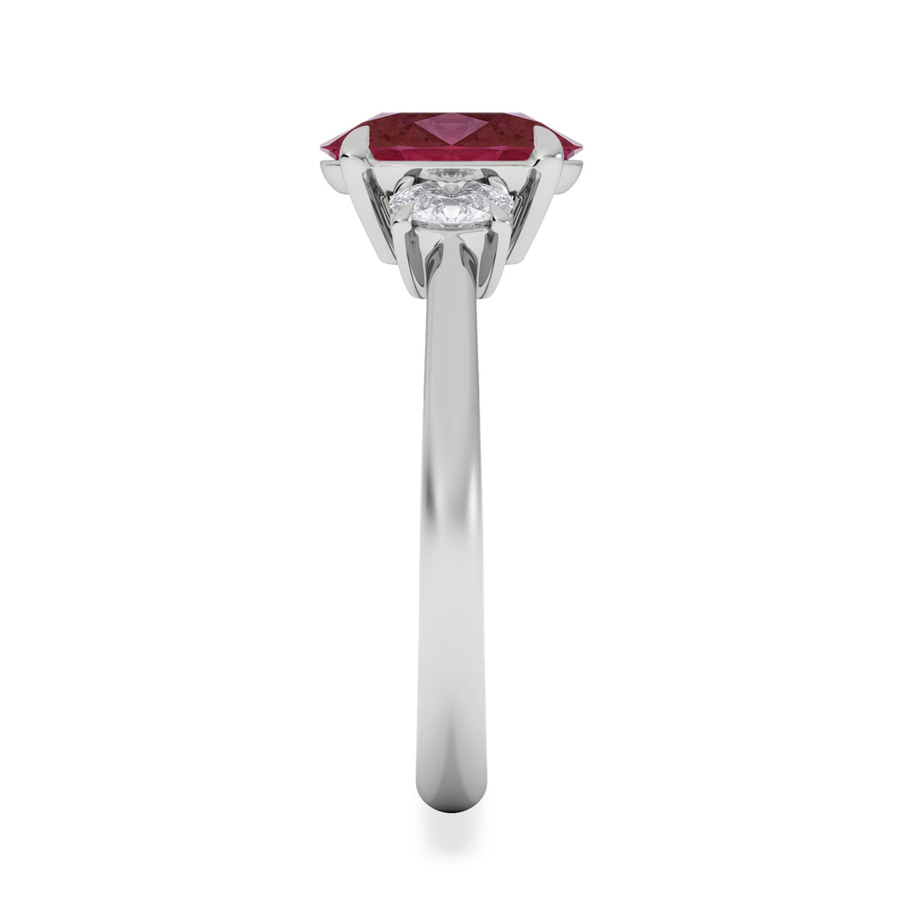 Solene 2.00ct Oval Cut Lab Ruby and Lab Diamond 3 Stone Engagement Ring in 18K White Gold