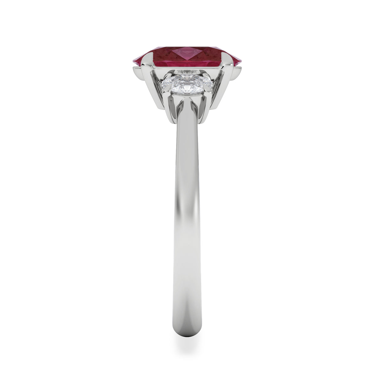 Solene 2.00ct Oval Cut Lab Ruby and Lab Diamond 3 Stone Engagement Ring in 18K White Gold