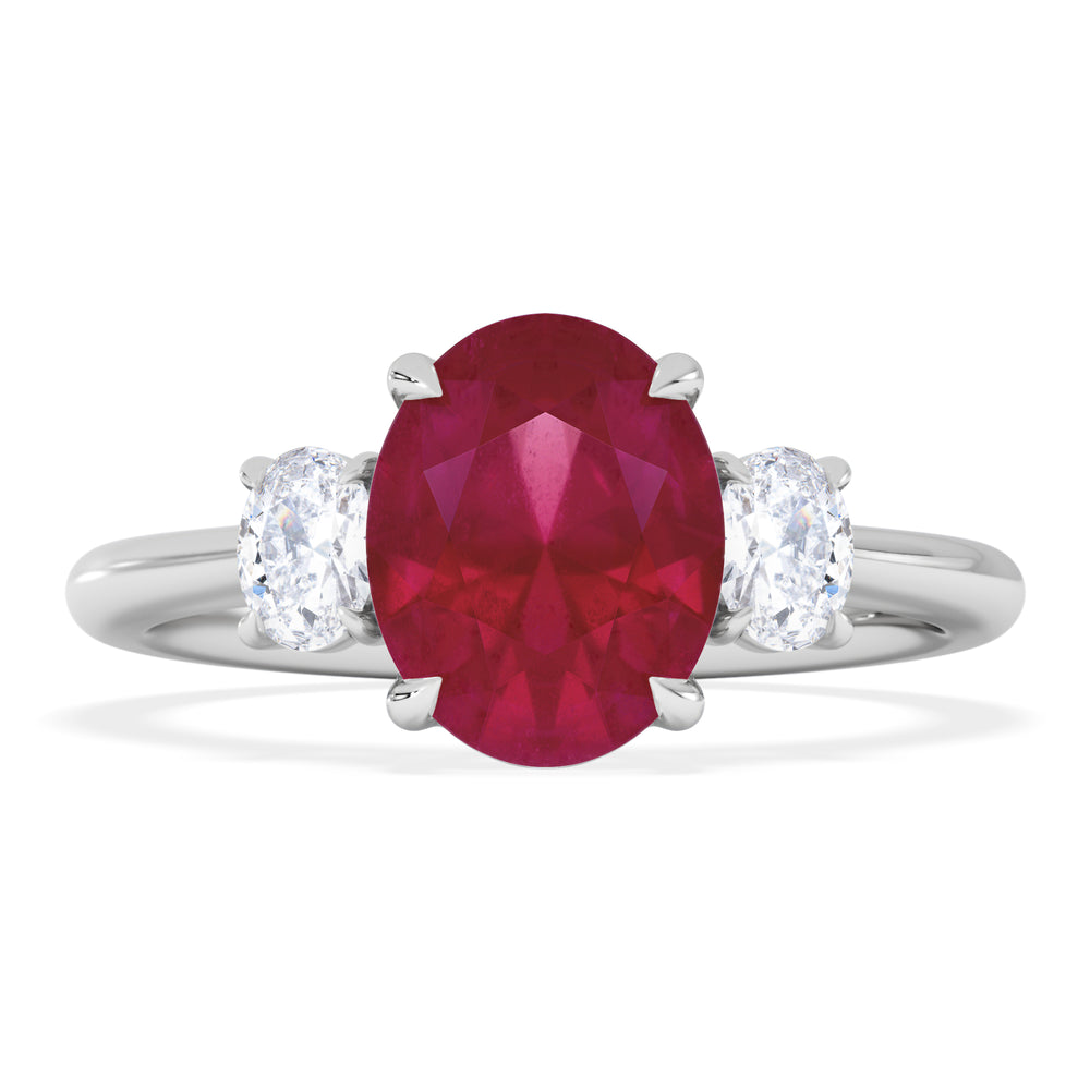 Solene 2.00ct Oval Cut Lab Ruby and Lab Diamond 3 Stone Engagement Ring in 18K White Gold