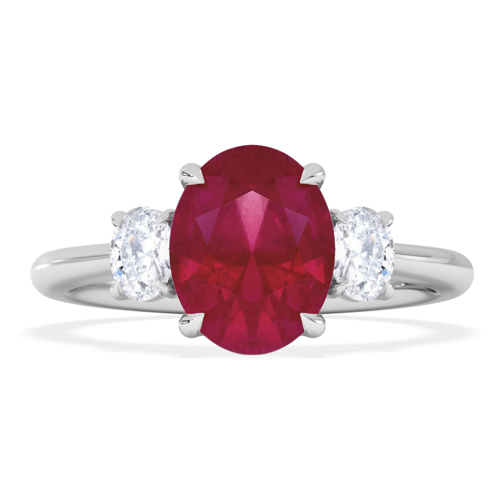 Solene 2.00ct Oval Cut Lab Ruby and Lab Diamond 3 Stone Engagement Ring in 18K White Gold