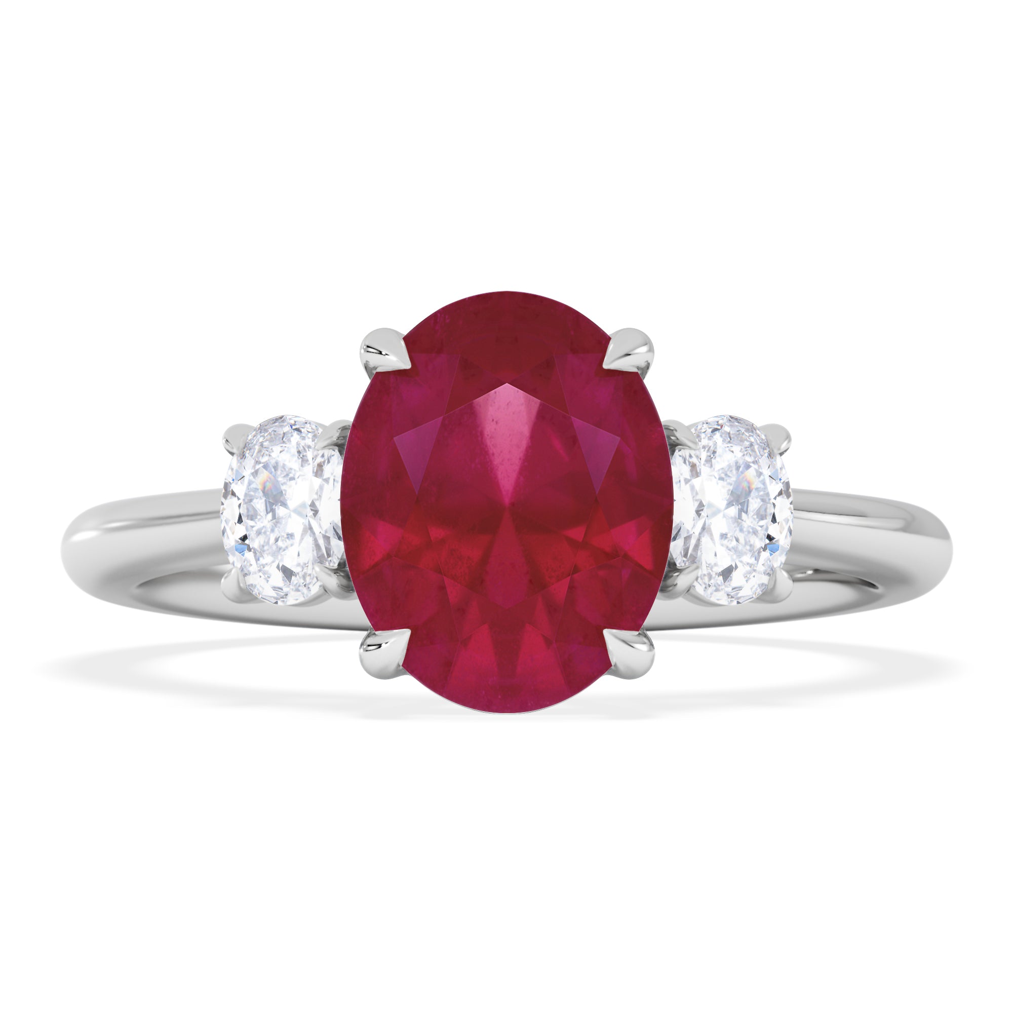 Solene 2.00ct Oval Cut Lab Ruby and Lab Diamond 3 Stone Engagement Ring in 18K White Gold