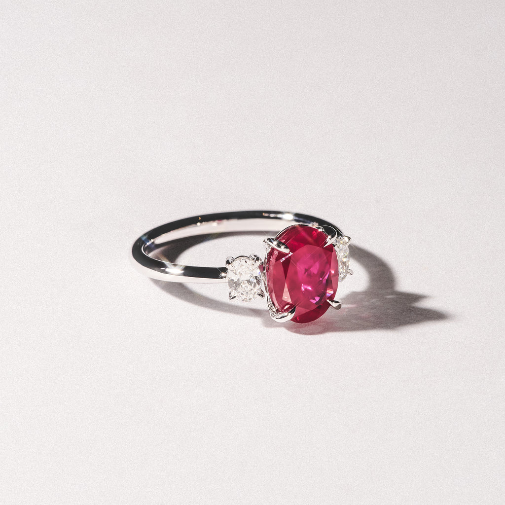 Solene 2.00ct Oval Cut Lab Ruby and Lab Diamond 3 Stone Engagement Ring in 18K White Gold