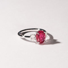 Solene 2.00ct Oval Cut Lab Ruby and Lab Diamond 3 Stone Engagement Ring in 18K White Gold