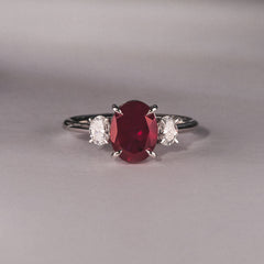 Solene 2.00ct Oval Cut Lab Ruby and Lab Diamond 3 Stone Engagement Ring in 18K White Gold