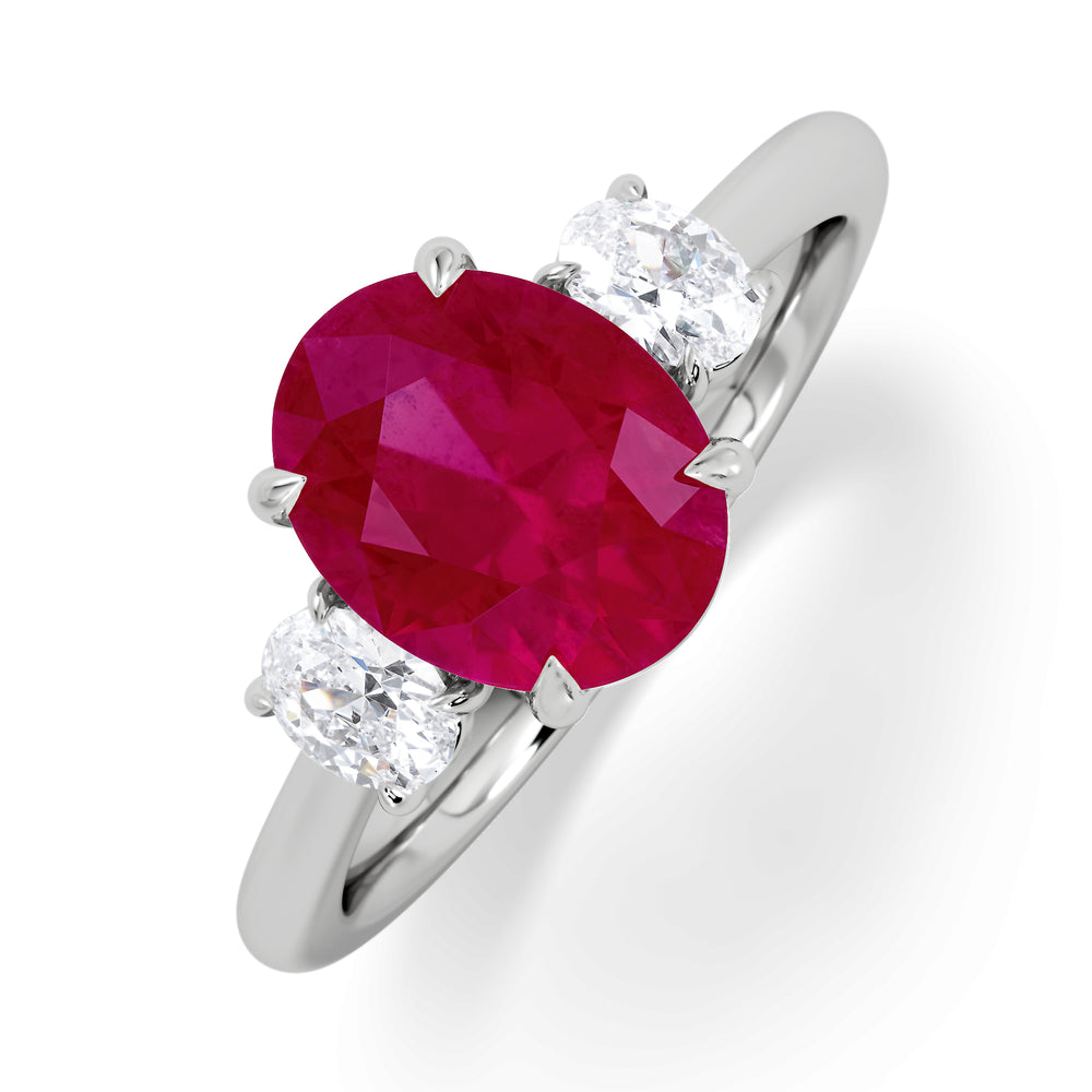 Solene 2.00ct Oval Cut Lab Ruby and Lab Diamond 3 Stone Engagement Ring in 18K White Gold