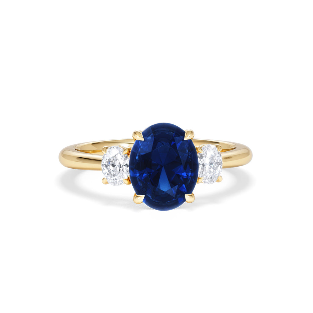 Solene 2.00ct Oval Cut Lab Sapphire and Lab Diamond 3 Stone Engagement Ring in 18K Yellow Gold