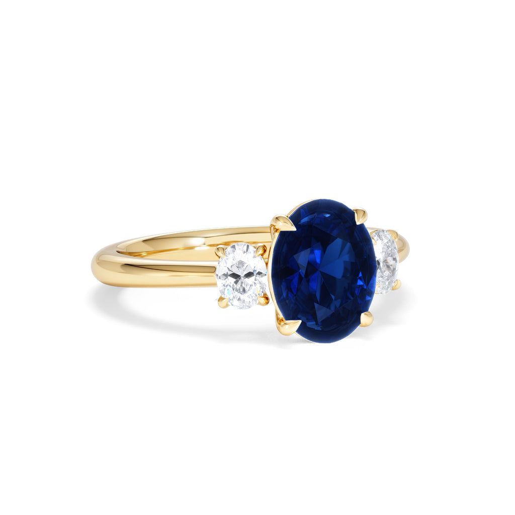 Solene 2.00ct Oval Cut Lab Sapphire and Lab Diamond 3 Stone Engagement Ring in 18K Yellow Gold