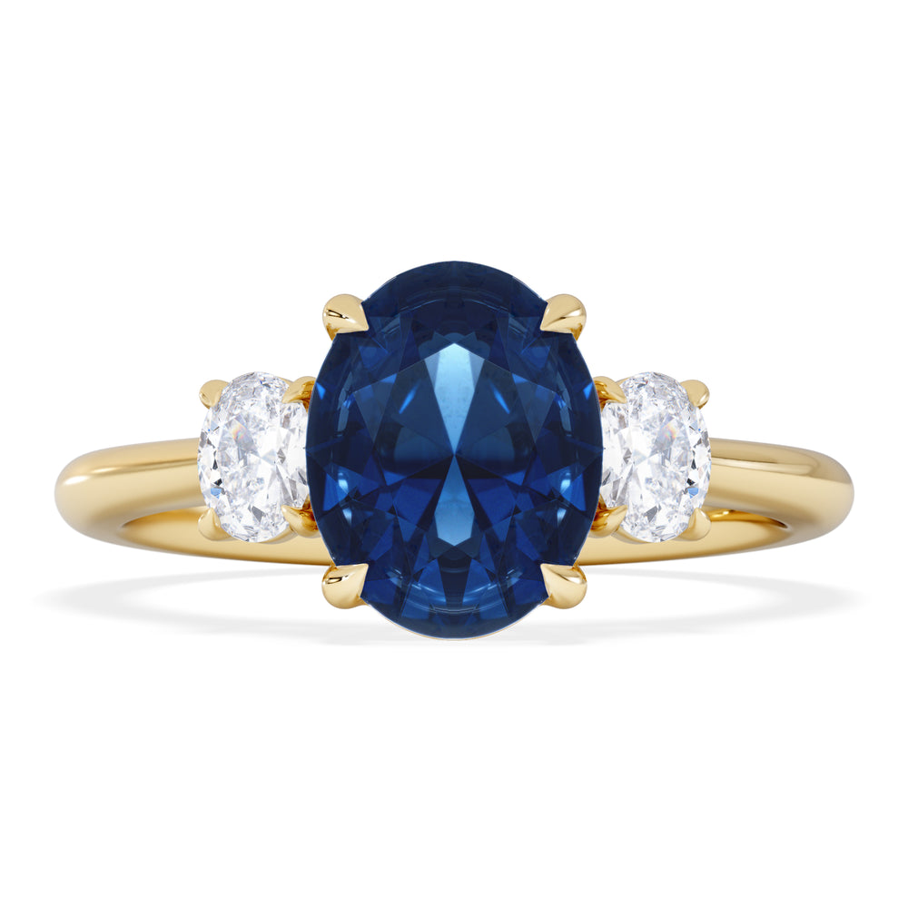 Solene 2.00ct Oval Cut Lab Sapphire and Lab Diamond 3 Stone Engament Ring in 18K Yellow Gold