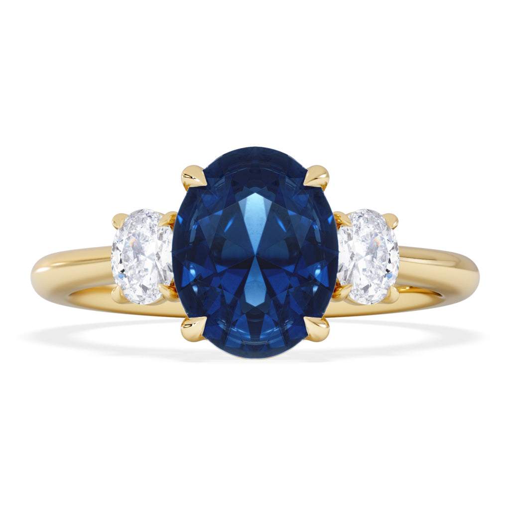 Solene 2.00ct Oval Cut Lab Sapphire and Lab Diamond 3 Stone Engagement Ring in 18K Yellow Gold