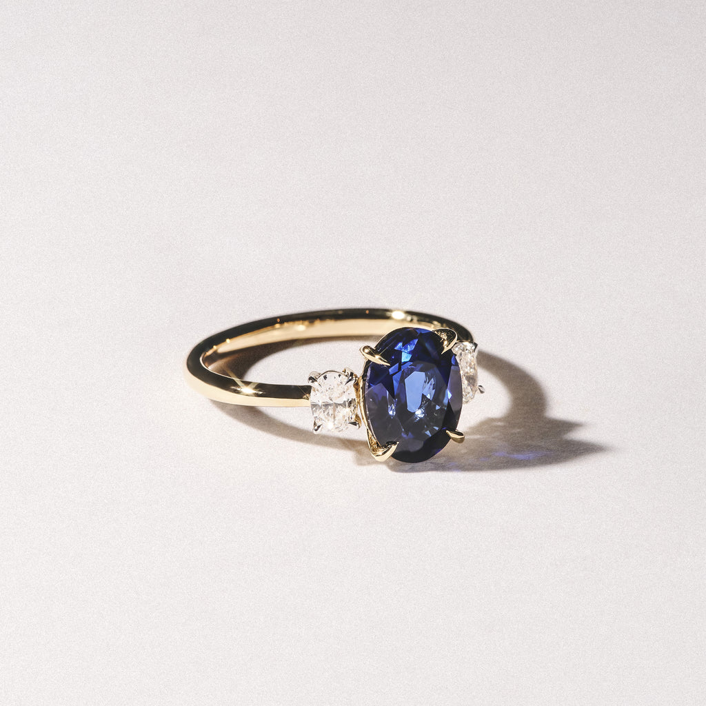 Solene 2.00ct Oval Cut Lab Sapphire and Lab Diamond 3 Stone Engagement Ring in 18K Yellow Gold