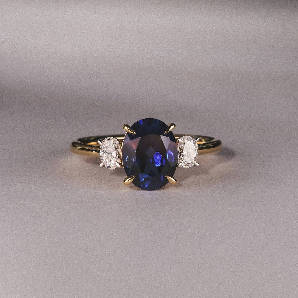 Solene 2.00ct Oval Cut Lab Sapphire and Lab Diamond 3 Stone Engament Ring in 18K Yellow Gold