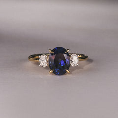 Solene 2.00ct Oval Cut Lab Sapphire and Lab Diamond 3 Stone Engagement Ring in 18K Yellow Gold