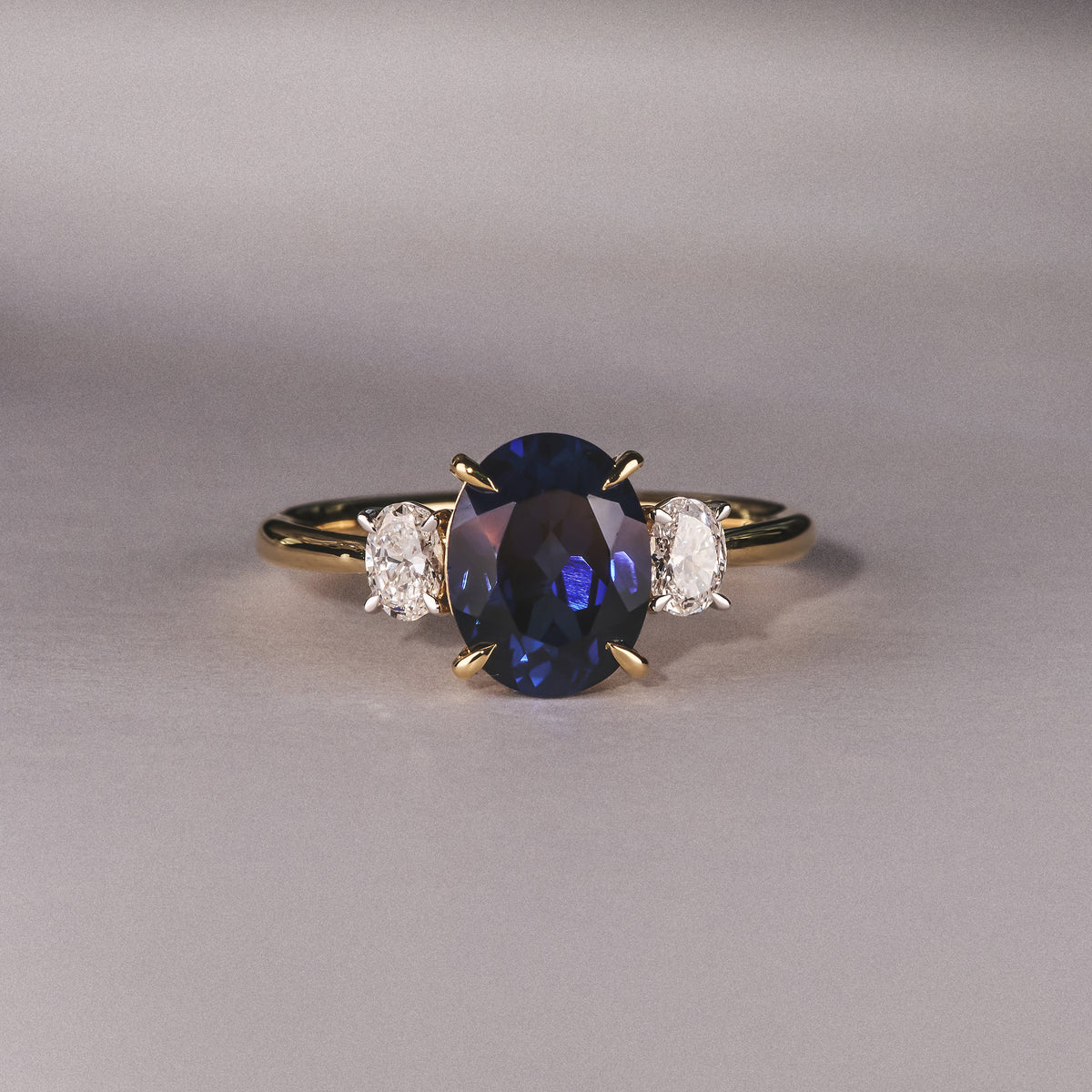 Solene 2.00ct Oval Cut Lab Sapphire and Lab Diamond 3 Stone Engament Ring in 18K Yellow Gold