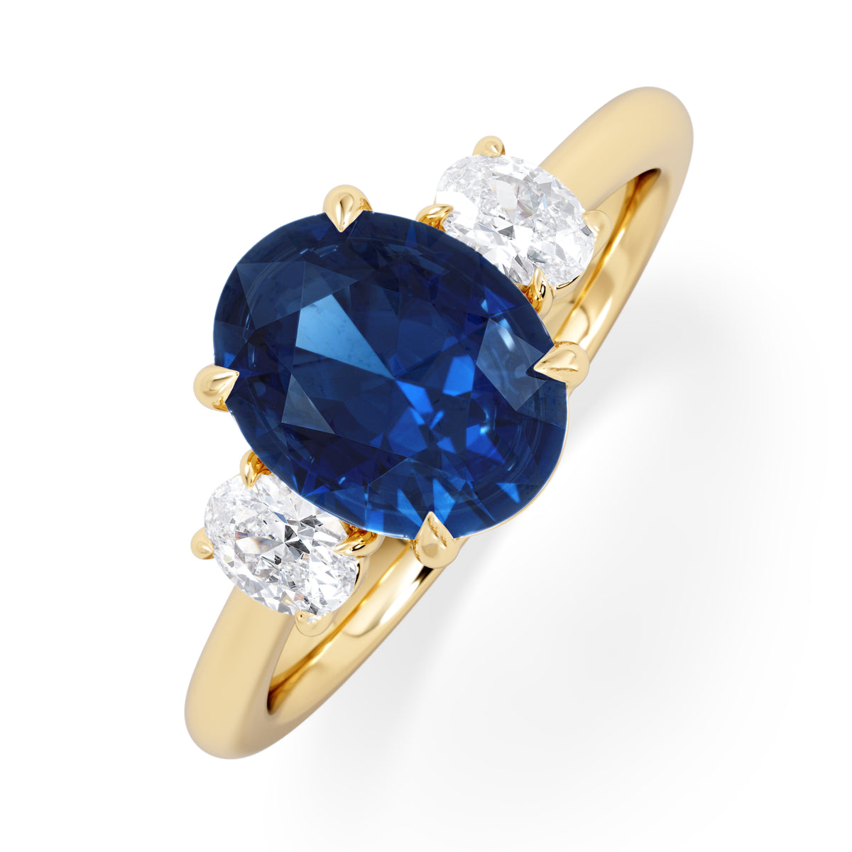 Solene 2.00ct Oval Cut Lab Sapphire and Lab Diamond 3 Stone Engament Ring in 18K Yellow Gold
