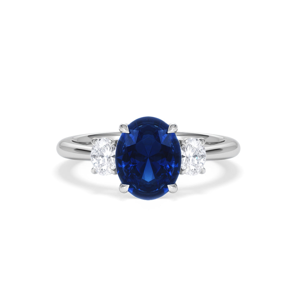 Solene 2.00ct Oval Cut Lab Sapphire and Lab Diamond  3 Stone Engagement Ring in 18K White Gold
