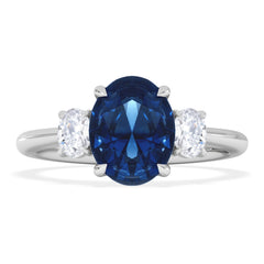Solene 2.00ct Oval Cut Lab Sapphire and Lab Diamond 3 Stone Engagement Ring in 18K White Gold