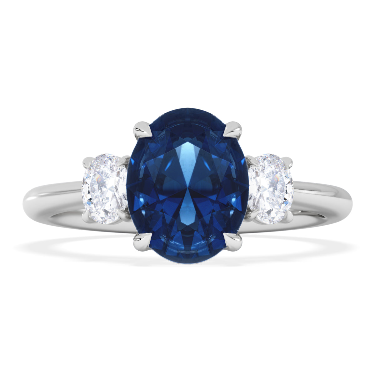 Solene 2.00ct Oval Cut Lab Sapphire and Lab Diamond  3 Stone Engament Ring in 18K White Gold