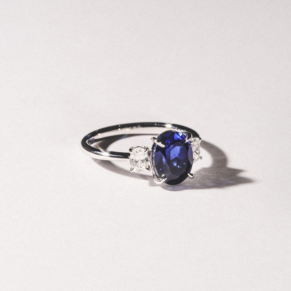 Solene 2.00ct Oval Cut Lab Sapphire and Lab Diamond 3 Stone Engagement Ring in 18K White Gold
