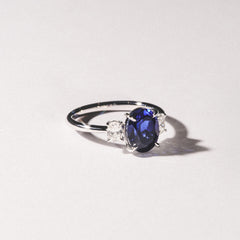 Solene 2.00ct Oval Cut Lab Sapphire and Lab Diamond 3 Stone Engagement Ring in 18K White Gold