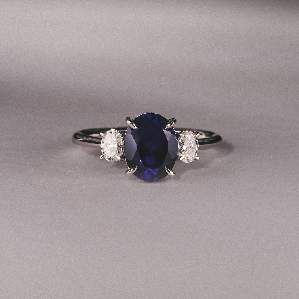 Solene 2.00ct Oval Cut Lab Sapphire and Lab Diamond 3 Stone Engagement Ring in 18K White Gold