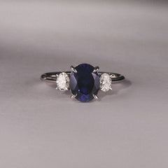 Solene 2.00ct Oval Cut Lab Sapphire and Lab Diamond 3 Stone Engagement Ring in 18K White Gold