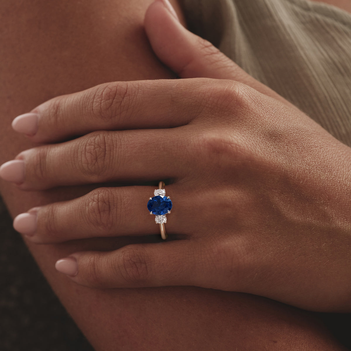 Solene 2.00ct Oval Cut Lab Sapphire and Lab Diamond  3 Stone Engament Ring in 18K White Gold
