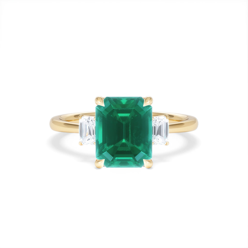 Solene 2.50ct Emerald Cut Lab Emerald and Lab Diamond 3 Stone Engagement Ring in 18K Yellow Gold