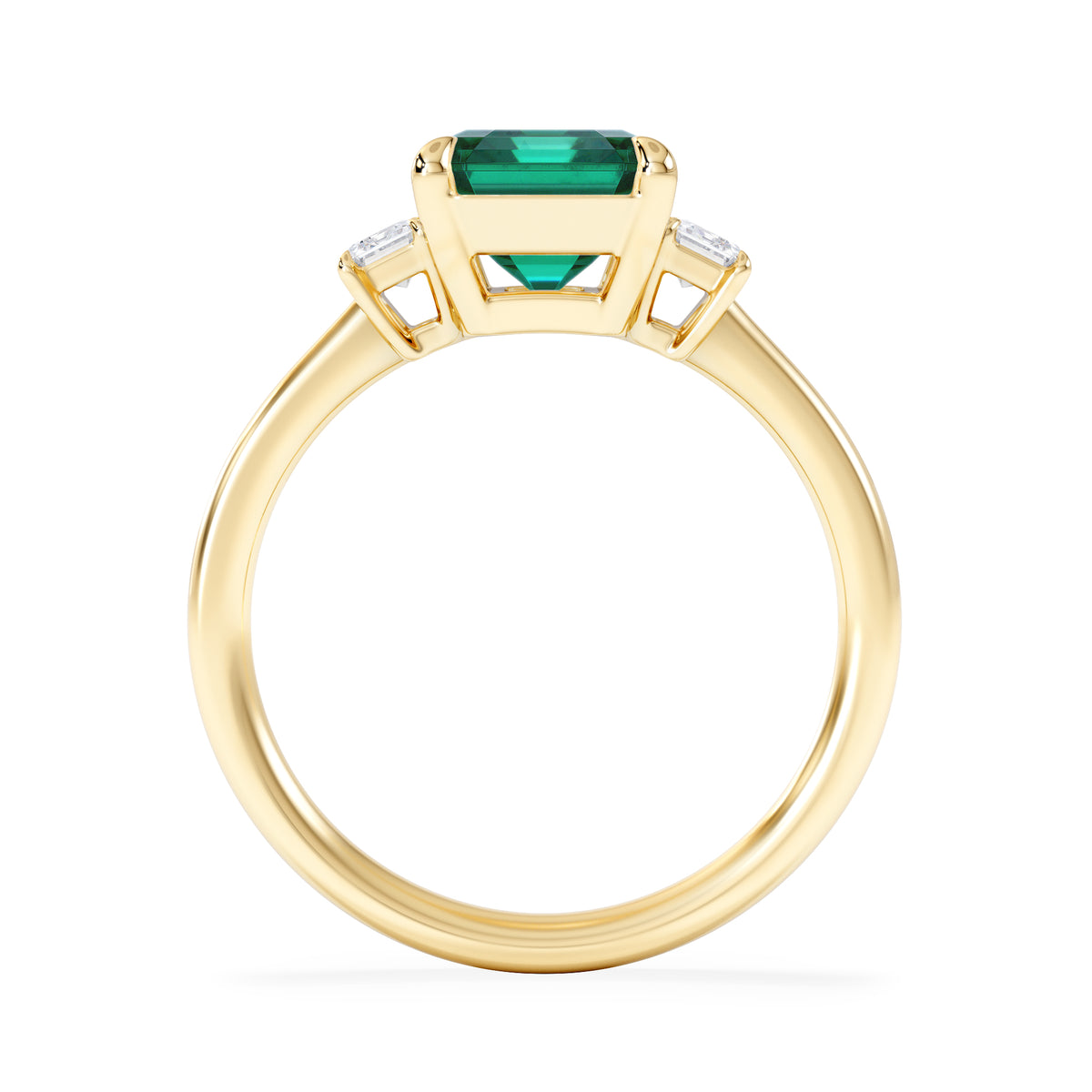 Solene 2.50ct Emerald Cut Lab Emerald and Lab Diamond 3 Stone Engagement Ring in 18K Yellow Gold