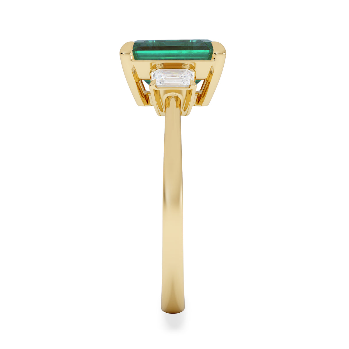 Solene 2.50ct Emerald Cut Lab Emerald and Lab Diamond 3 Stone Engagement Ring in 18K Yellow Gold