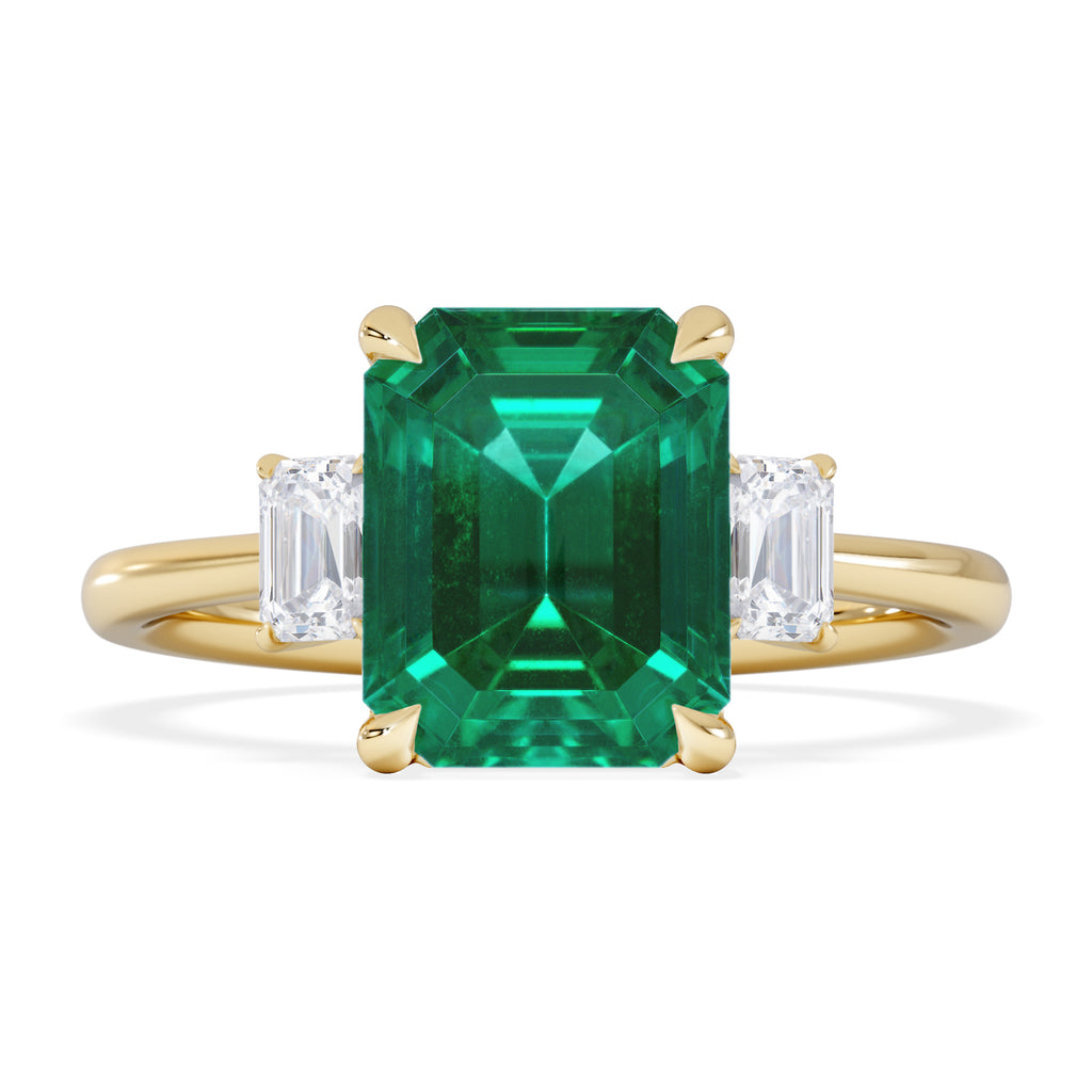 Solene 2.50ct Emerald Cut Lab Emerald and Lab Diamond 3 Stone Engagement Ring in 18K Yellow Gold