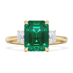 Solene 2.50ct Emerald Cut Lab Emerald and Lab Diamond 3 Stone Engagement Ring in 18K Yellow Gold