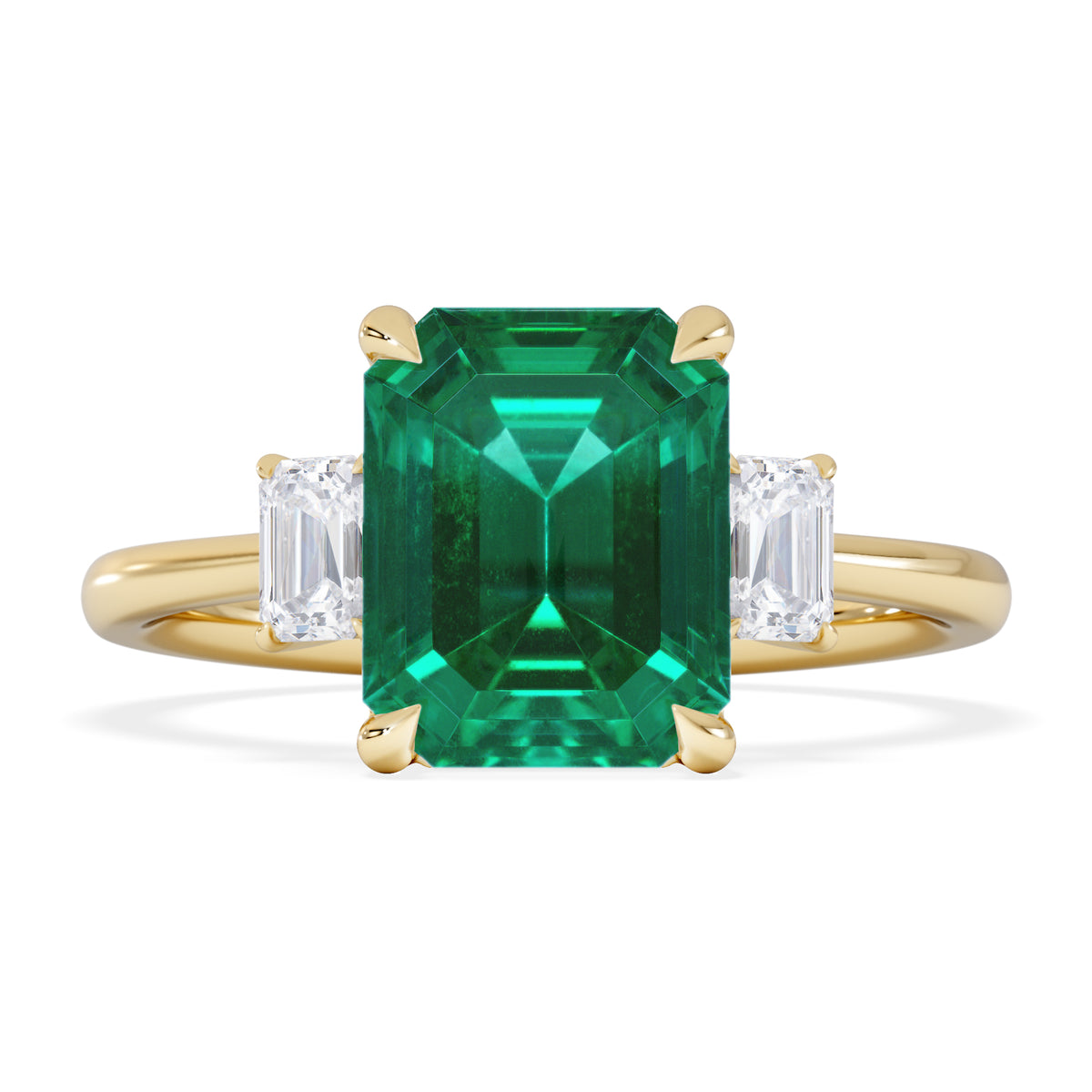 Solene 2.50ct Emerald Cut Lab Emerald and Lab Diamond 3 Stone Engagement Ring in 18K Yellow Gold