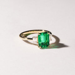 Solene 2.50ct Emerald Cut Lab Emerald and Lab Diamond 3 Stone Engagement Ring in 18K Yellow Gold