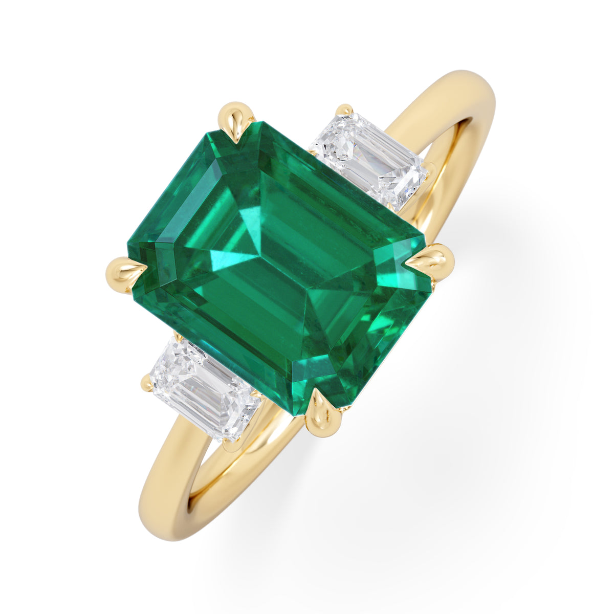 Solene 2.50ct Emerald Cut Lab Emerald and Lab Diamond 3 Stone Engagement Ring in 18K Yellow Gold