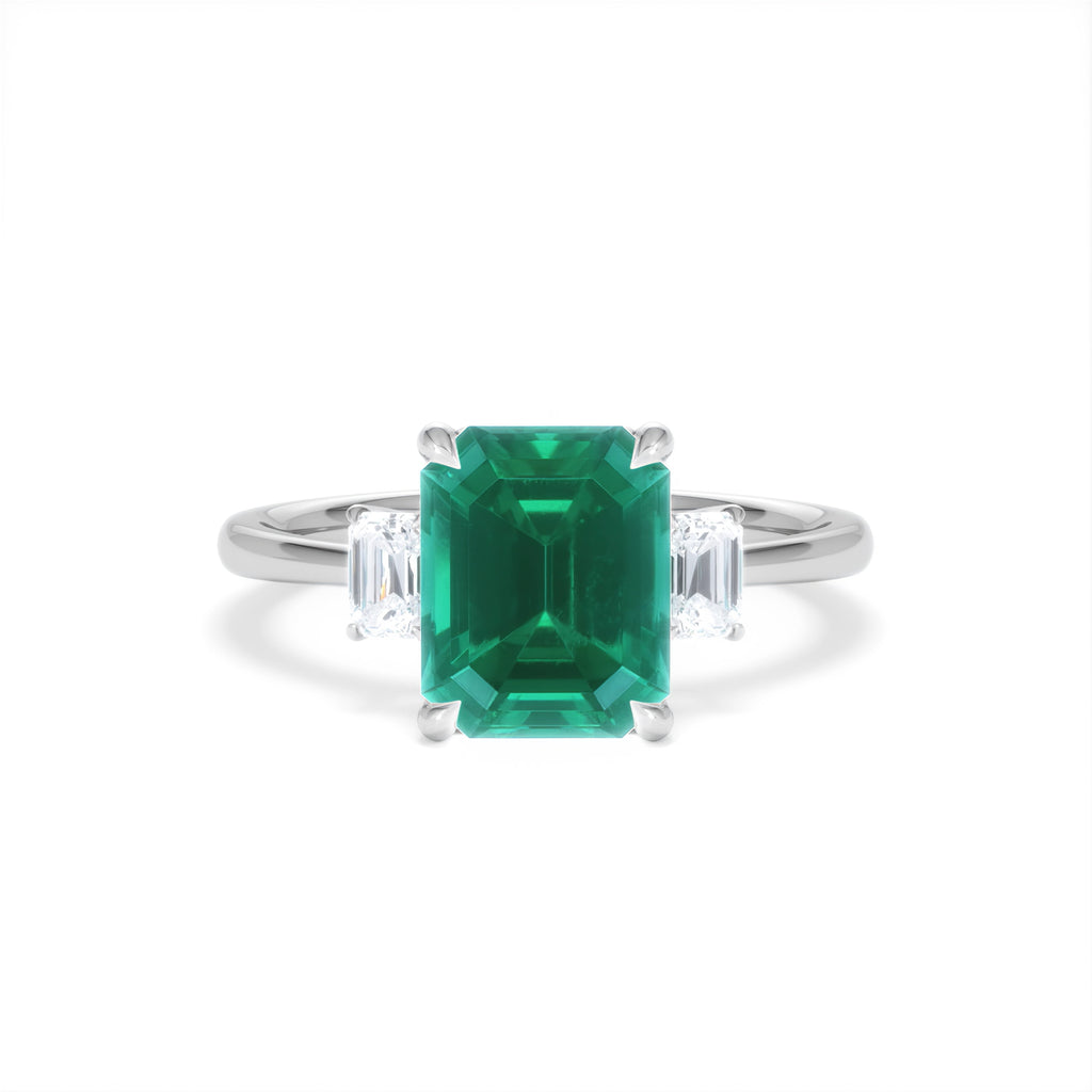 Solene 2.50ct Emerald Cut Lab Emerald and Lab Diamond 3 Stone Engagement Ring in 18K White Gold
