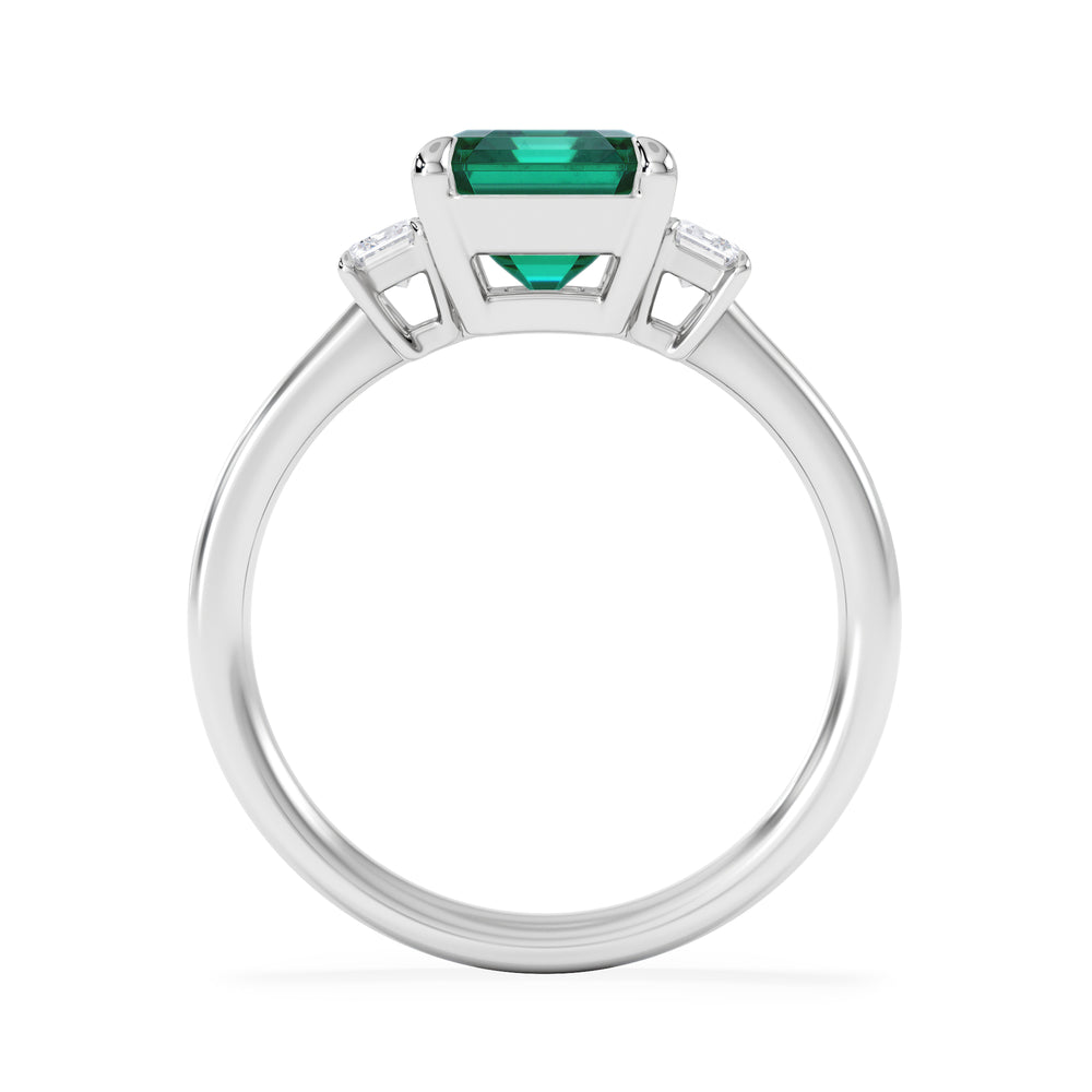 Solene 2.50ct Emerald Cut Lab Emerald and Lab Diamond 3 Stone Engagement Ring in 18K White Gold