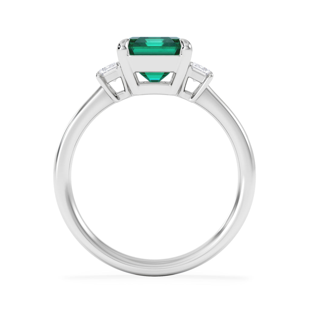 Solene 2.50ct Emerald Cut Lab Emerald and Lab Diamond 3 Stone Engagement Ring in 18K White Gold