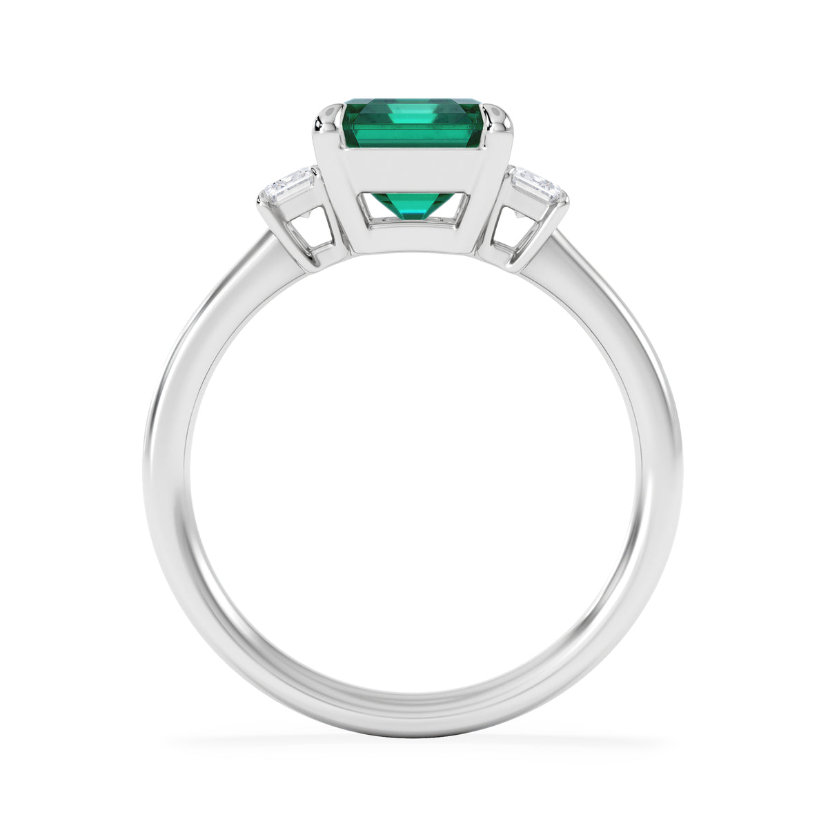 Solene 2.50ct Emerald Cut Lab Emerald and Lab Diamond 3 Stone Engagement Ring in 18K White Gold