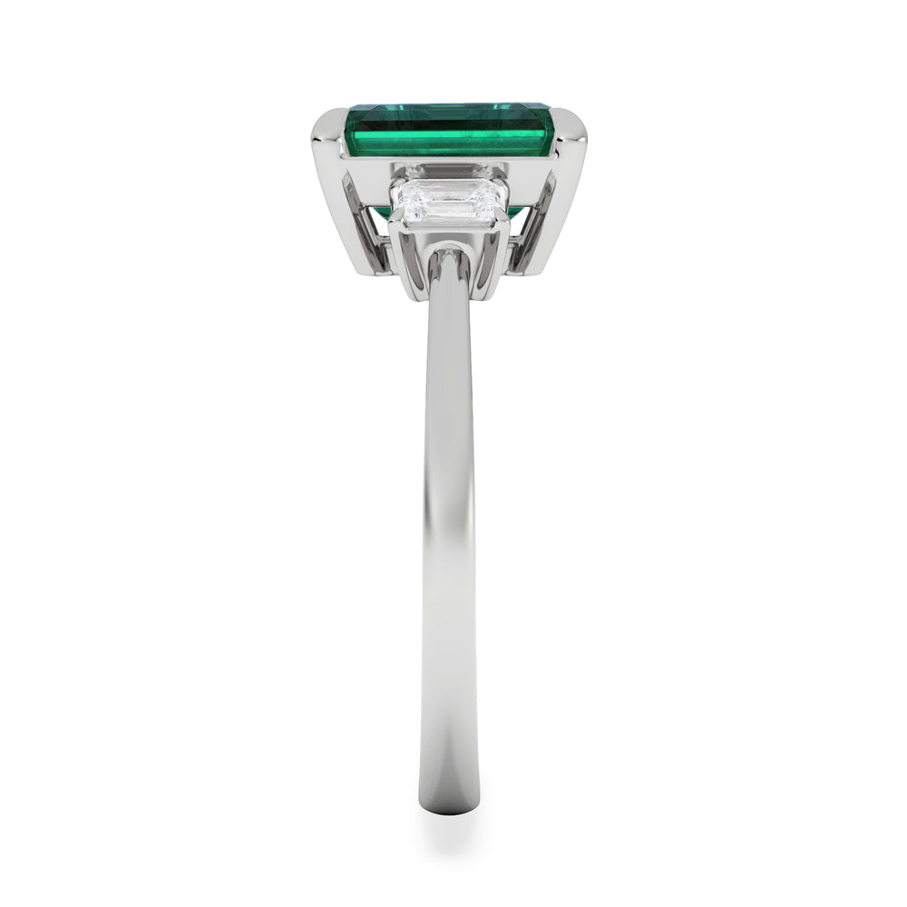 Solene 2.50ct Emerald Cut Lab Emerald and Lab Diamond 3 Stone Engagement Ring in 18K White Gold