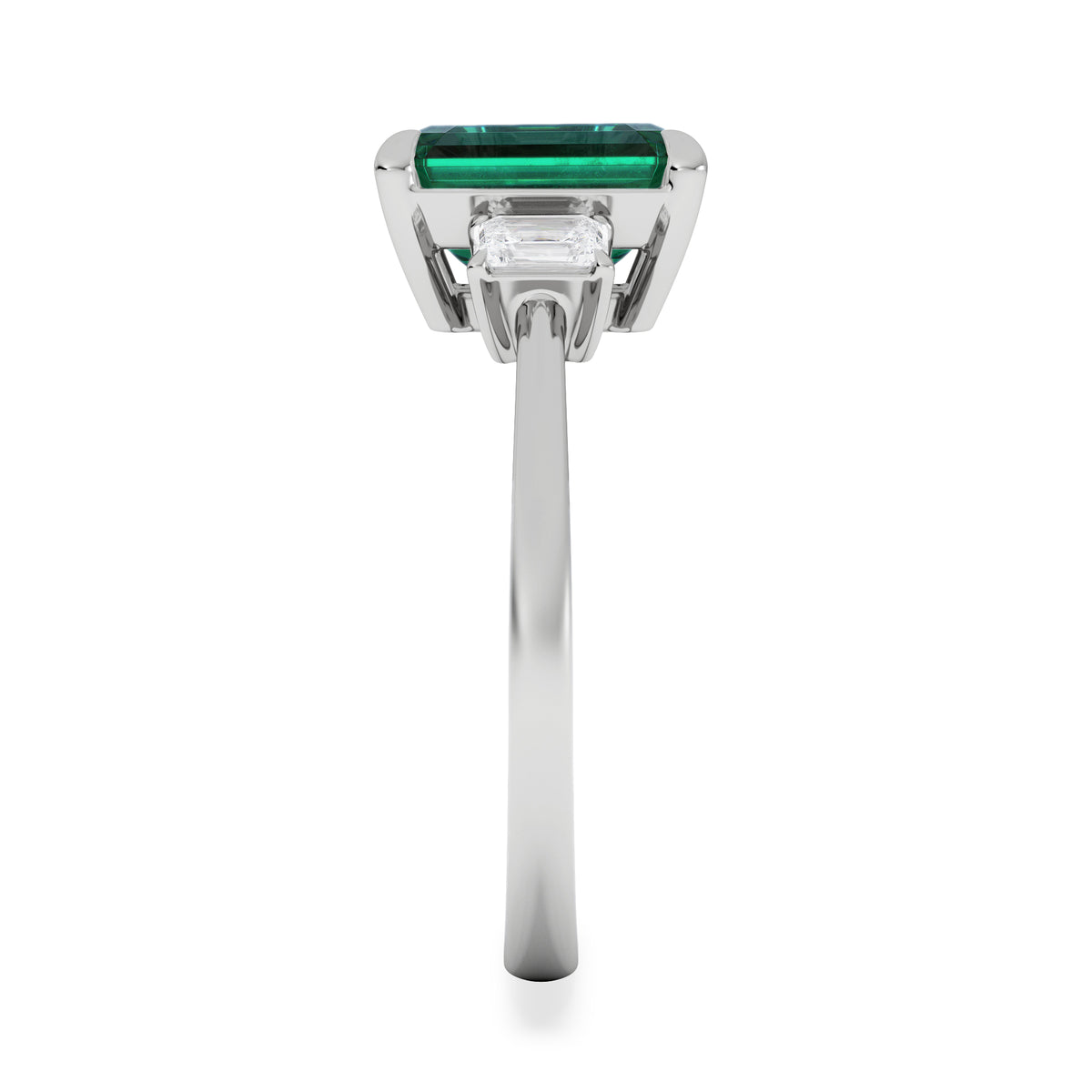 Solene 2.50ct Emerald Cut Lab Emerald and Lab Diamond 3 Stone Engagement Ring in 18K White Gold