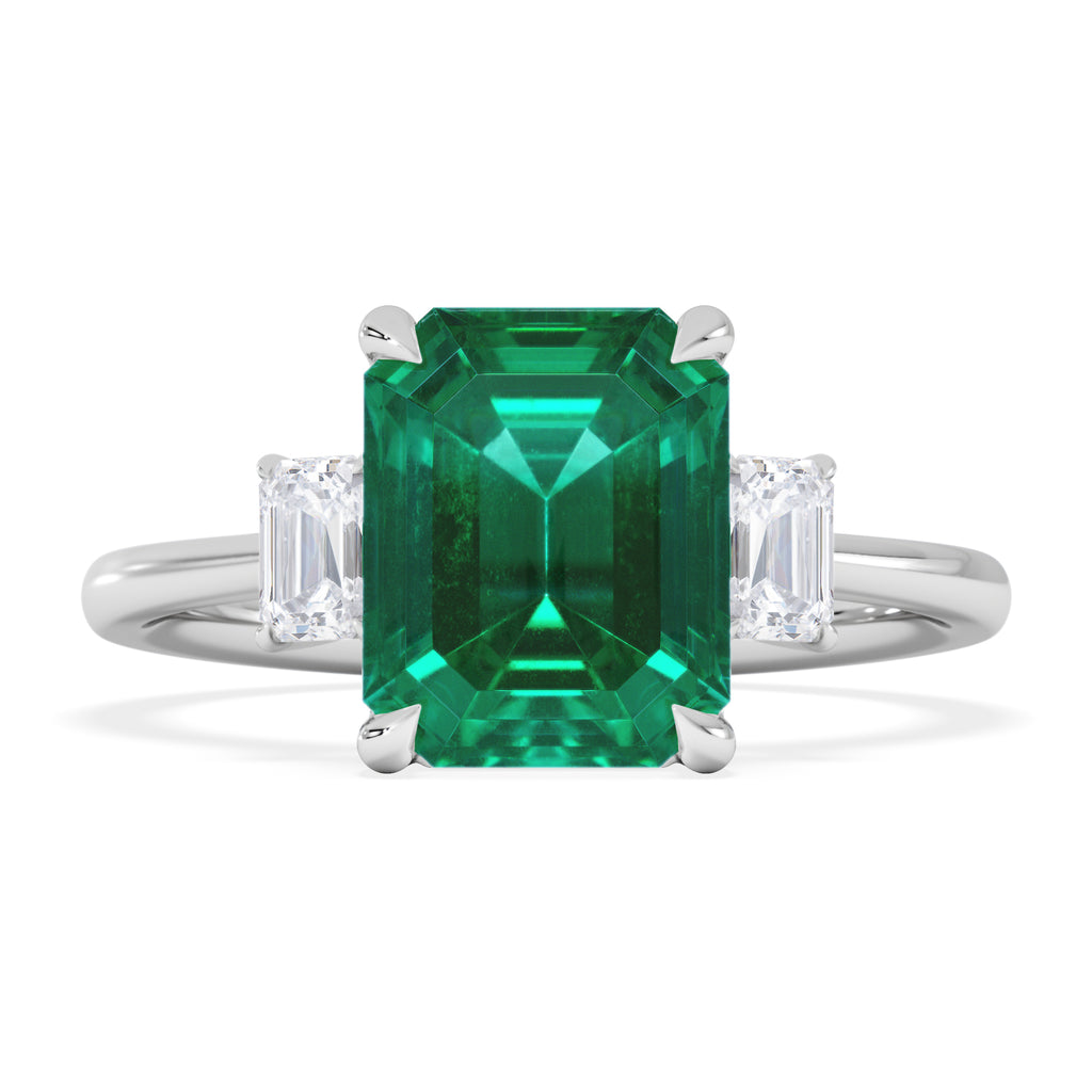 Solene 2.50ct Emerald Cut Lab Emerald and Lab Diamond 3 Stone Engagement Ring in 18K White Gold