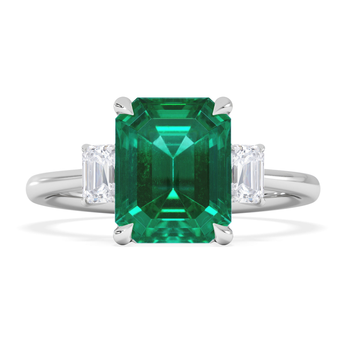 Solene 2.50ct Emerald Cut Lab Emerald and Lab Diamond 3 Stone Engagement Ring in 18K White Gold