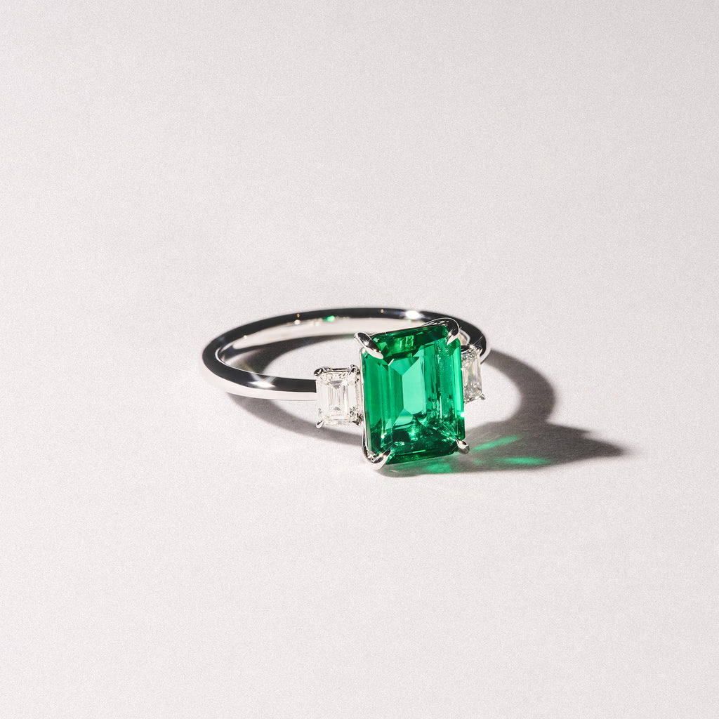 Solene 2.50ct Emerald Cut Lab Emerald and Lab Diamond 3 Stone Engagement Ring in 18K White Gold