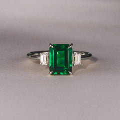 Solene 2.50ct Emerald Cut Lab Emerald and Lab Diamond 3 Stone Engagement Ring in 18K White Gold