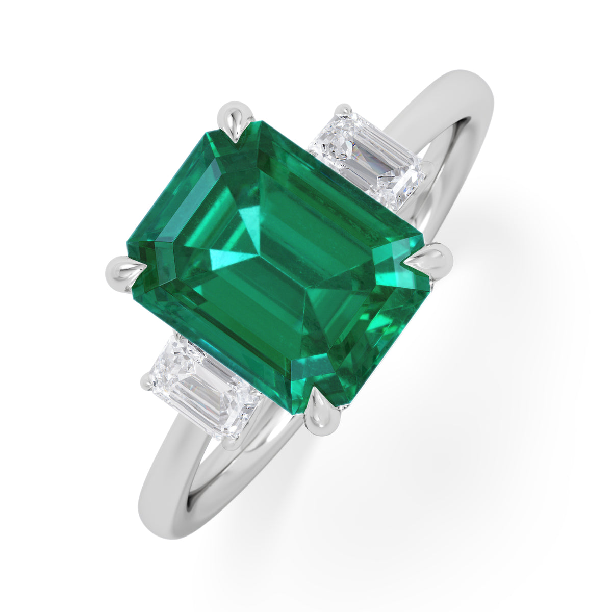 Solene 2.50ct Emerald Cut Lab Emerald and Lab Diamond 3 Stone Engagement Ring in 18K White Gold
