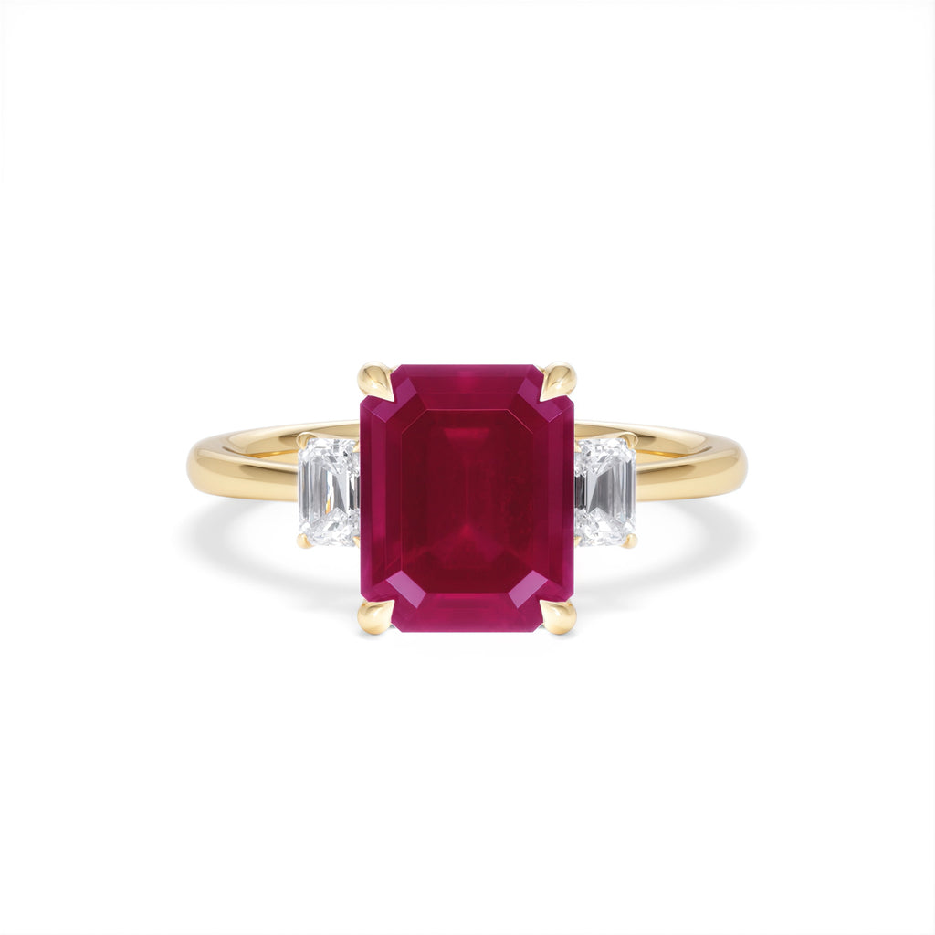 Solene 2.50ct Emerald Cut Lab Ruby and Lab Diamond 3 Stone Engagement Ring in 18K Yellow Gold