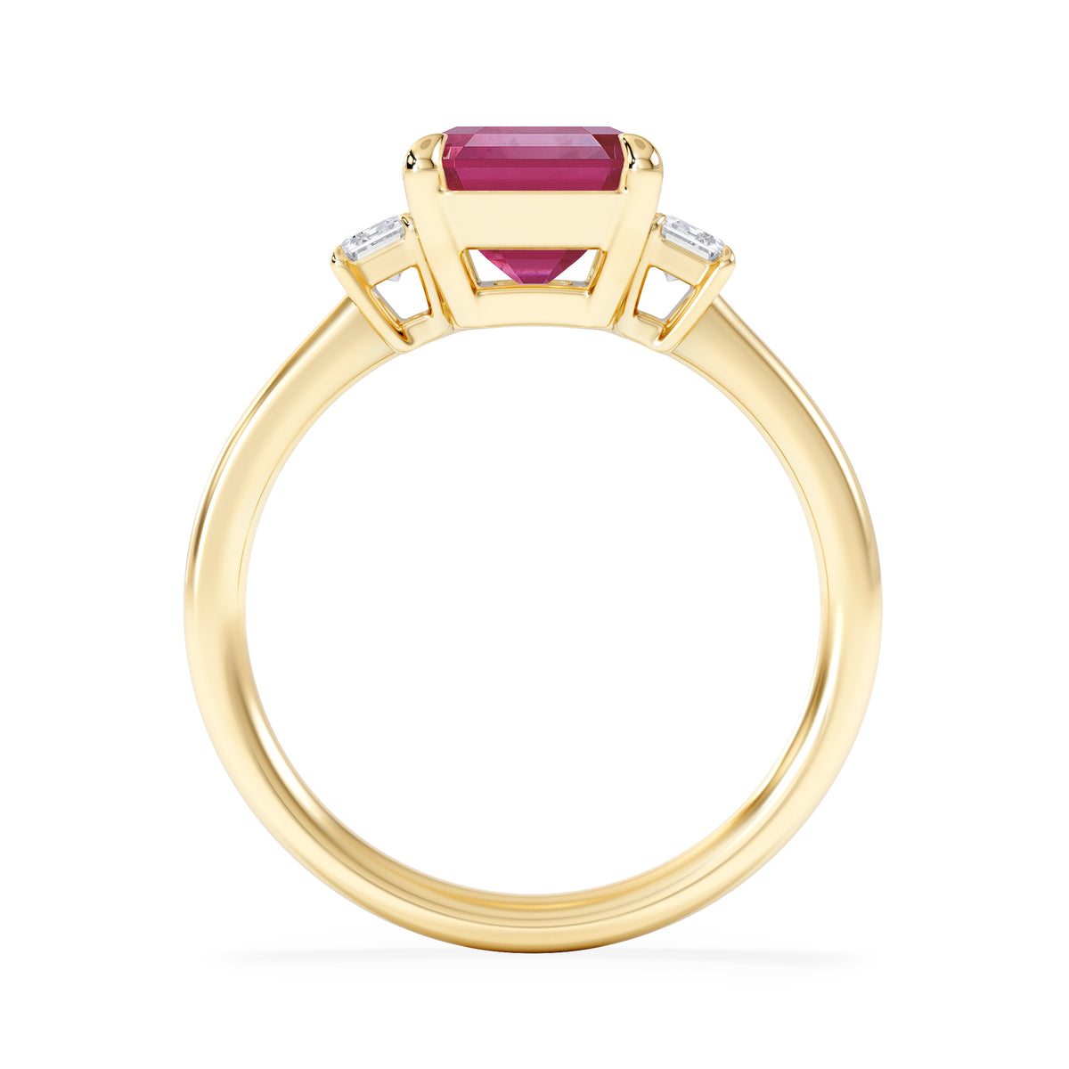 Solene 2.50ct Emerald Cut Lab Ruby and Lab Diamond 3 Stone Engagement Ring in 18K Yellow Gold